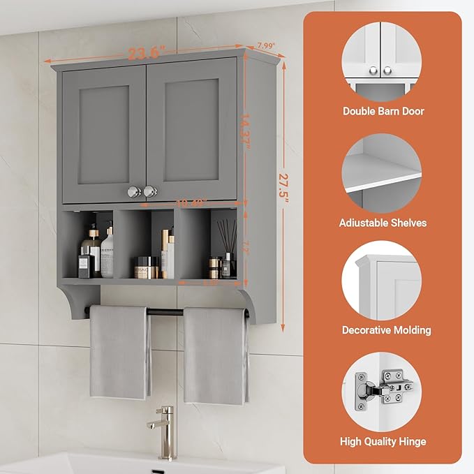 Over-The-Toilet Bathroom Storage Cabinet with Towel Bar, Space-Saving Wall Mounted Medicine Cabinet, 2 Doors & 1 Adjustable Shelf, Easy Install Grey Finish for Bathroom, Kitchen, Living Room