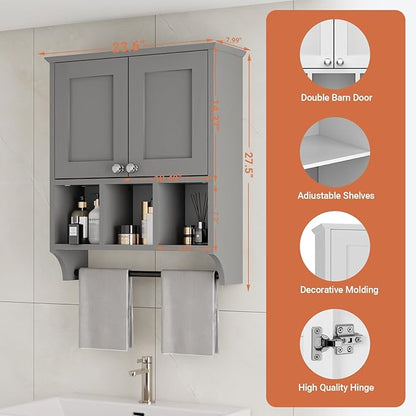 Over-The-Toilet Bathroom Storage Cabinet with Towel Bar, Space-Saving Wall Mounted Medicine Cabinet, 2 Doors & 1 Adjustable Shelf, Easy Install Grey Finish for Bathroom, Kitchen, Living Room