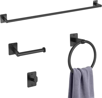 KLJKPA 4 Pieces Bathroom Hardware Set, 32 inch Towel Bar, Matte Black Bathroom Accessories Set, Towel Racks for Bathroom, Robe Towel Hooks, Toilet Paper Holder Wall Mounted