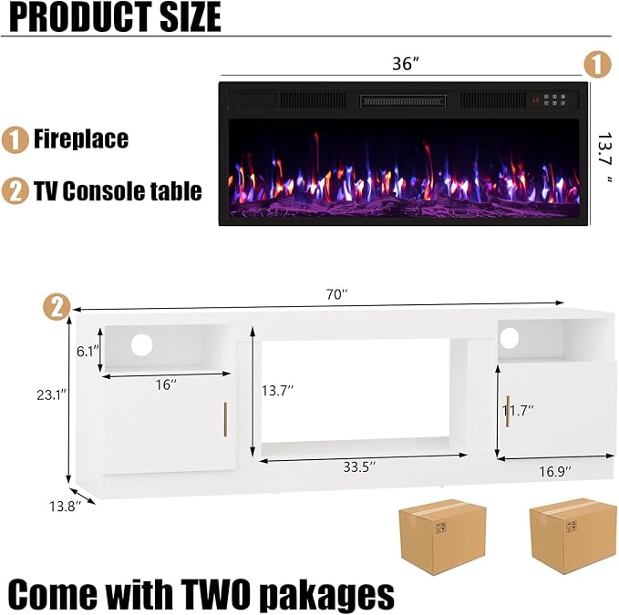 VITESSE Fireplace with TV Stand 36" inch Electric Fireplace Up to 80" TVs, LED Light Entertainment Center, 70" Modern Wood High Gloss with Highlight Storage Cabinet for Living Room (White)