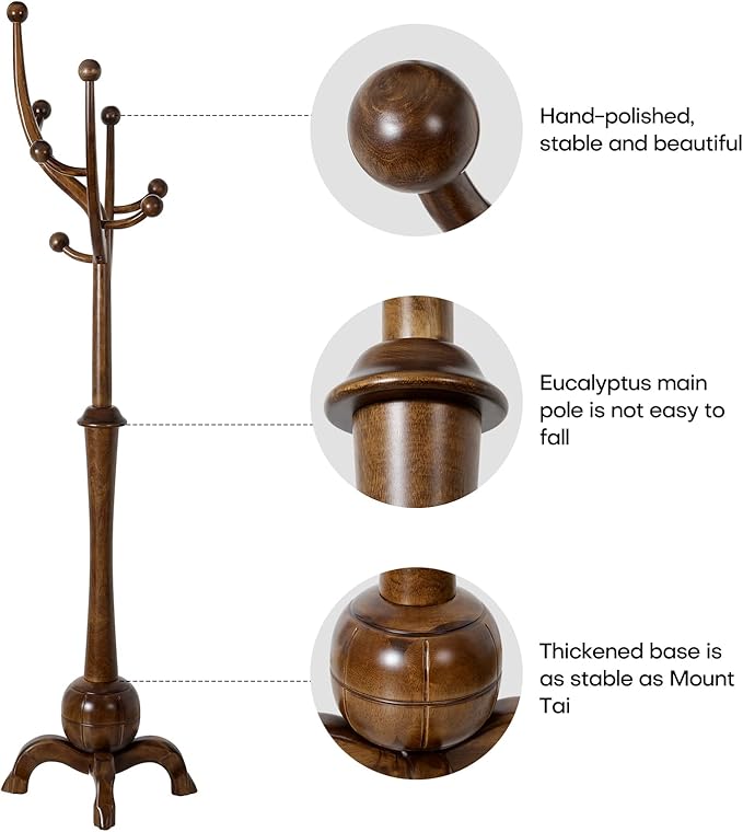 Coat Rack Freestanding Wood Coat Tree Rack with 8 Hooks, Creative Design Tree Branch-look, Standing Coat Rack Clothes Hanger Stand with Stury Base for Entryway, Hallway, Bedroom - Load 160lb (Walnut)