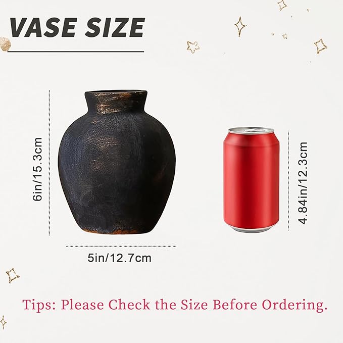 NEBRYX Ceramic Vase, 6 inch Minimalist Rustic Farmhouse Terracotta Vase for Home Decor, Table, Living Room, Entryway, Shelf, Mantel Decoration (Black)