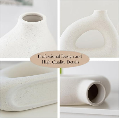 COTYNI White Ceramic Vase Set of 2 for Modern Home Decor, Round Matte Donut Vases for Pampas Grass, Boho Nordic Minimalism Style Modern Flower Vases for Living Room Table Bookshelf Office Bedroom