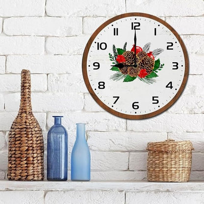 Pinecone Wall Clock 10 Inch Silent Non Ticking Battery Operated Wooden Modern Office Simple Minimalist Clock Decorative for Kitchen Home Bathroom Living Room