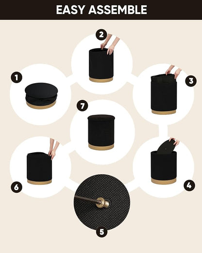 B FSOBEIIALEO Ottoman with Stroage, Round Boucle Storage Ottoman with Gold Plating Base,Foot Rest Stool for Dorm Room, Living Room Black, 14.76"x14.76"x16.34"