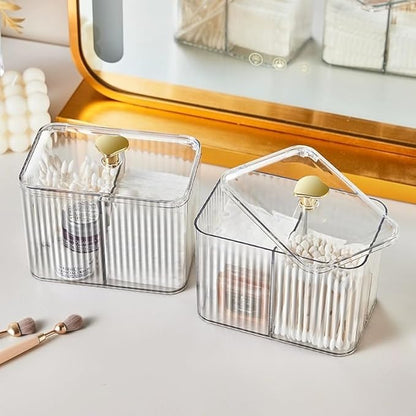 Qtips Holder Bathroom Container,3-Section Cotton Ball/Swabs Dispenser,3 Grids Apothecary Jar Organizer, Cosmetics Storage for Vanity