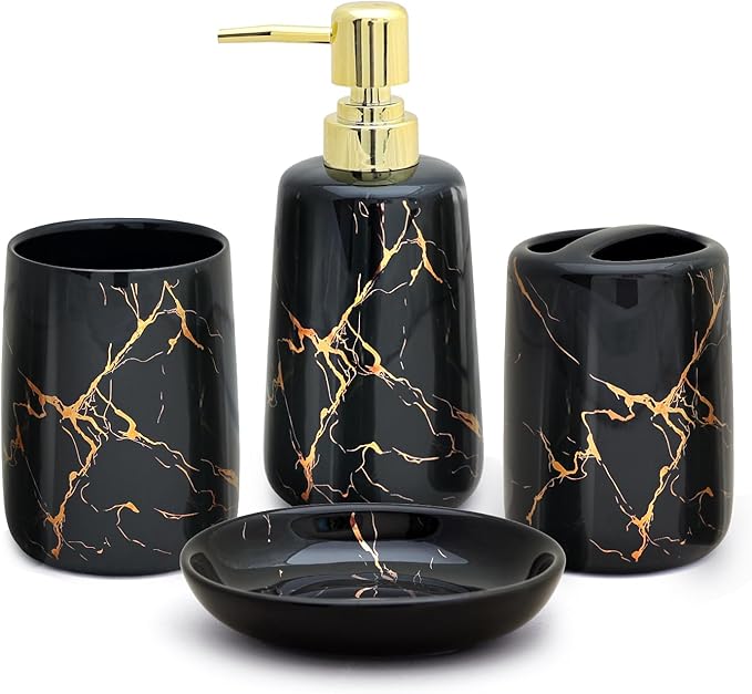 CERBIOR Bathroom Accessories Set,4 Pcs Ceramic Bathroom Decor Accessory,Includes Toothbrush Holder, Toothbrush Cup, Soap Dish for Decorative Countertop and Housewarming Gift(Black 4pcs)