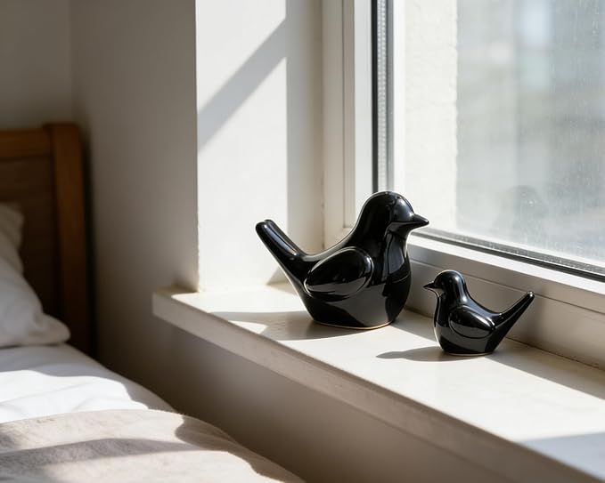 Artconal Small Black Bird Statue Ceramic 2-Piece Set, 3¾ inch Cute Knick Knack for Home Office Shelf Desk Decor