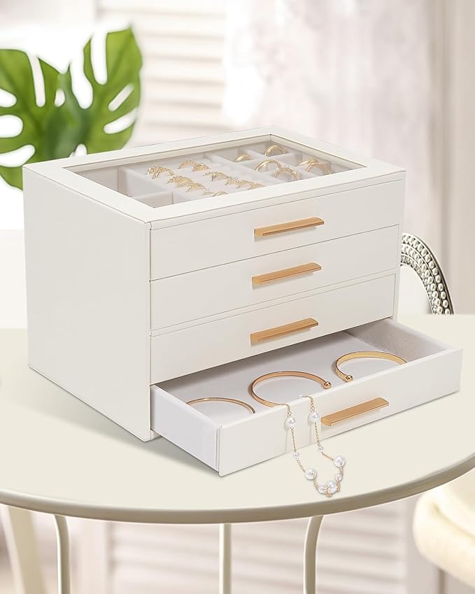 GUOER Jewelry Box for Women 4 Layers, Glass Lid Jewelry Organizer with 4 Drawers Cloud White PU Jewelry Storage Case for Necklaces Rings Earrings Bracelets