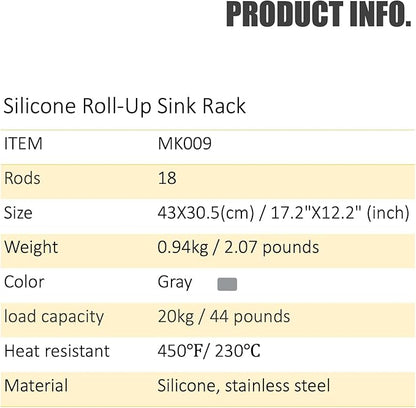 Silicone-Coated Stainless Steel Over The Sink Multipurpose Roll-Up Dish Drying Rack, 17.2"X12.2", Heat Resistant Non Slip Dish Draining Rack BPA Free Dishwasher Safe (S, Gray)