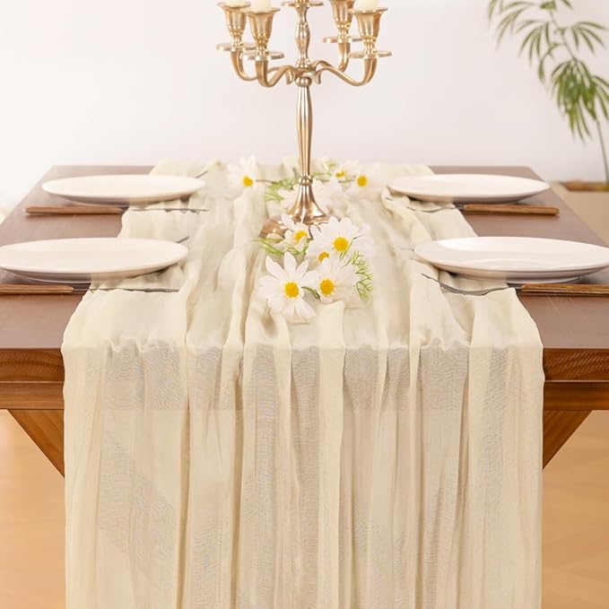 Socomi 10pcs Beige Valentine's Day Cheesecloth Table Runner Boho Rustic Gauze 120 inch 10FT Cheese Cloth Runner for Wedding Party Baby Shower Birthday Home Decor Holiday Decorations