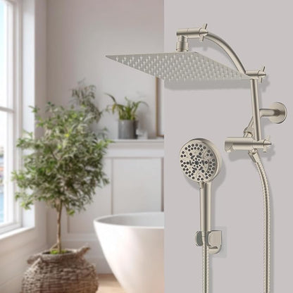 Hibbent All Metal cUPC Certified Shower Head, 10'' High Pressure Rain Shower Head, Handheld Showerhead Combo with 16'' Adjustable Extension Arm, 10 Sprays, 71'' Hose, Showerhead Holder, Brushed Nickel