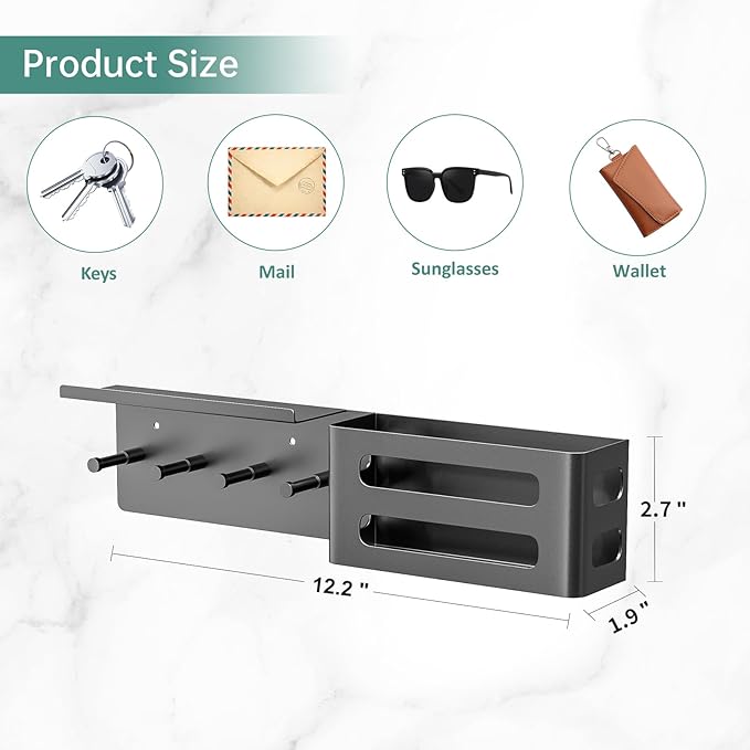 Key and Mail Holder for Wall, Key Hooks Rack Hanger Organizer Wall Mount with Small Shelf, Metal Entryway Living Room Storage Decor for Coat Purse Bag Wallet Dog Leash, White