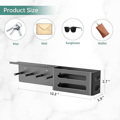 Key and Mail Holder for Wall, Key Hooks Rack Hanger Organizer Wall Mount with Small Shelf, Metal Entryway Living Room Storage Decor for Coat Purse Bag Wallet Dog Leash, White