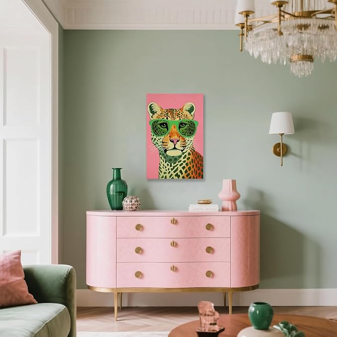 7CANVAS Preppy Wall Art Cheetah Picture Wall Decor Pink Leopard Print Animal with Sunglasses Chic Painting for Modern Home Girls Dorm 16x24Inch