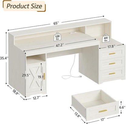 TVU Farmhouse Computer Desk with Drawers, 65'' Home Office Desk with Power Outlets, Storage Cabinet and Printer Stand, Study Writing Desks with Long Monitor Stand, White