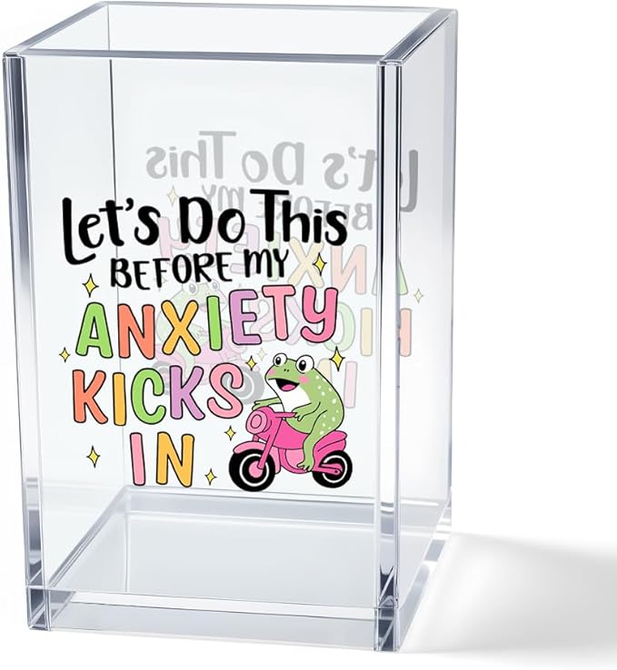 Let’s Do This Before My Anxiety Kicks in Acrylic Cosmetic Pencil Pen Holder Cup, Funny Frog Desk Organizer for Office Decor, Frog Lover Gifts Sarcastic Work Gifts for Women Men Coworker Employee