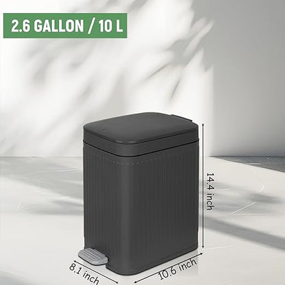 rejomiik Small Bathroom Trash Can with Lid Slim Soft Close Garbage Can Step Wastebasket Container Trash Bin for Office Bedroom Kitchen Living Room (2.6 Gallon Dark Gray)