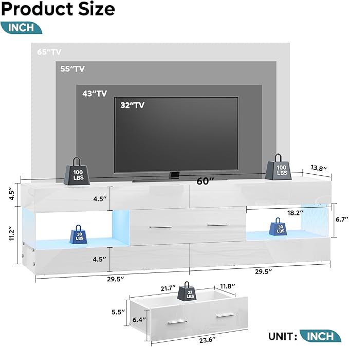 Bestier TV Stand for 55/60/65 Inch TV, High Gloss Modern TV Stand with Stone-Patterned Side Panels, LED Entertainment Center with Large Drawer, TV Consoles for Living Room, Bedroom, Glossy White