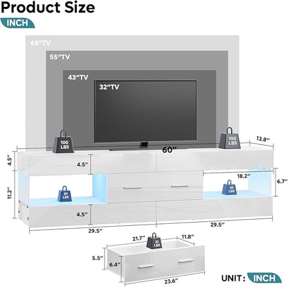 Bestier TV Stand for 55/60/65 Inch TV, High Gloss Modern TV Stand with Stone-Patterned Side Panels, LED Entertainment Center with Large Drawer, TV Consoles for Living Room, Bedroom, Glossy White