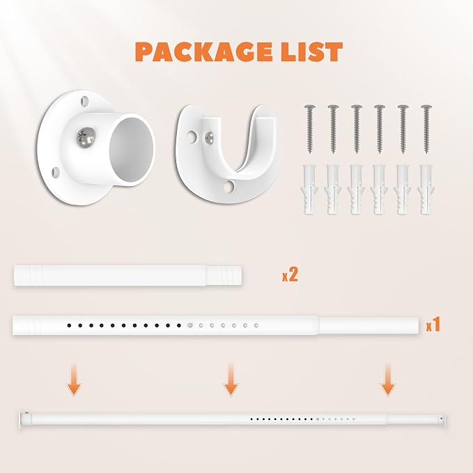 Short Closet Rod 17-51 Inches, Adjustable Heavy Duty White Metal Closet Rods for Hanging Clothes, 1.3 Inch Diameter with Wall Brackets for Wardrobes, Laundry Room, RV
