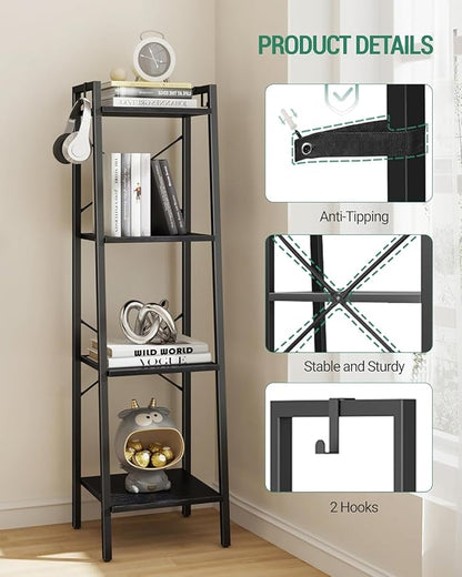 Ladder Shelf, Bookshelf Bookcase, Freestanding Corner Storage Shelve with 2 Hooks for Home Office, Living Room, Kitchen, Bedroom, Industrial, 11.8" D x 13.4" W x 47.2" H, Black BC13204B