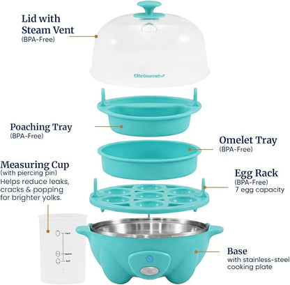Elite Gourmet EGC-007T# Rapid Egg Cooker, 7 Easy-To-Peel, Hard, Medium, Soft Boiled Eggs, Poacher, Omelet Maker, Auto Shut-Off, Alarm, 16-Recipe Booklet, Teal