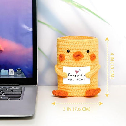 SKYDUE Crocheted Pen & Pencil Holder with Inspirational Card - Handmade Desk Organizer for Office, School, Home - Functional Desk Decor Pen Cup