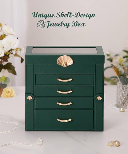 Jewelry Box with 4 Drawers: Display Organizer for Earrings Necklaces - Gifts for Girls Women (Forest Green)