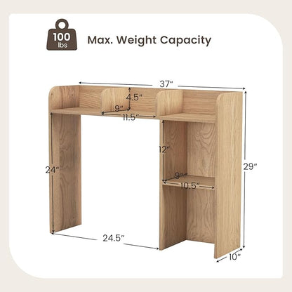 Desk Hutch, Desktop Shelf with 5 Shelves, Desk Bookshelf w/Anti-Toppling Devices, Wood Table Top Bookshelf Organizer, Small Desk Shelf for Study, Office, Dorm (Natural, 5 Shelves)