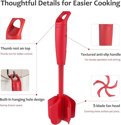 Ourokhome Meat Chopper and Potato Masher, Heat Resistant Nylon Ground Beef Smasher for Hamburger, 5 Curved Blades Nonstick Safe Mixer & Stirrer, Practical Kitchen Gadgets, Red