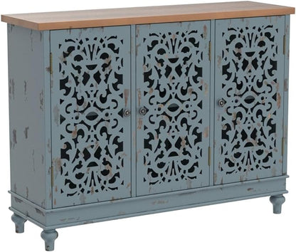 Sophia & William Sideboard Buffet Credenza Cabinet, 3-Door Hollow-Carved Accent Cabinet, Distressed Sideboard Storage Cabinet with Wood Veneer for Kitchen, Living Room, Dining Room, Entryway, Blue | 3-Door, Hollow-Carved, Accent Cabinet, Distressed, St...