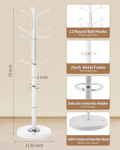 EZIVIEZ Modern Coat Rack Stand, Metal Freestanding Coat Rack with Natural Marble Base, Heavy-Duty Coat Racks with Umbrella Holder,White Coat Hanger Stand with 12 Hooks for Office, Entryway, Hallway