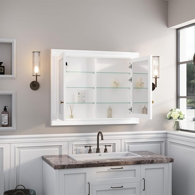 WELLFOR 40"x 32" Bathroom Medicine Cabinet with Dual Mirrors, Recessed Wood Medicine Cabinet with 3-Tier Adjustable Glass Shelves and Soft-Close Door