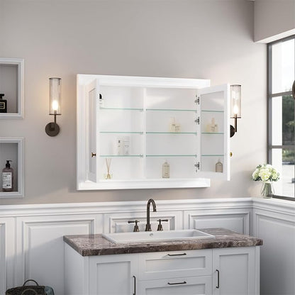 WELLFOR 40"x 32" Bathroom Medicine Cabinet with Dual Mirrors, Recessed Wood Medicine Cabinet with 3-Tier Adjustable Glass Shelves and Soft-Close Door