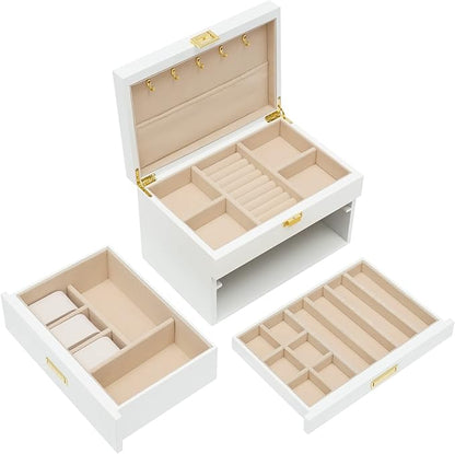 3-Layer Jewelry Box Organizer with Hooks, White Jewelry Chest for Women Girls, Jewelry Case Display Jewellery Holder Organizer Storage Box for Necklace Earrings Rings Bracelets