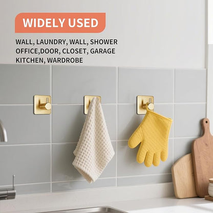 Gold Adhesive Towel Hooks Heavy Duty Stick on Wall Hooks Shower Hooks for Bathroom Kitchen Door-4 Packs