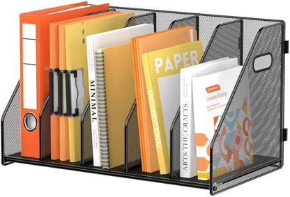 SUPEASY Binder Organizer, Magazine File Holder with 5 Vertical Compartments Rack, Metal Desk File Organizer & Binder Holders, Magazine Organizers for Office Desktop, Home, School, Classroom (Black)