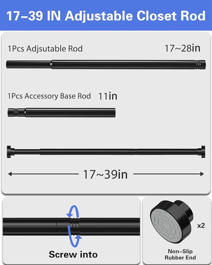 Supforce 2 Pack No Drilling Closet Rods for Hanging Clothes, Non Slip Tension Rod with Heavy Duty Clothes Hanging Rod, 17-39 Inches Adjustable Spring Closet Rod for Closet Wardrobe Bathroom RV, Black