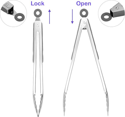 ALLWIN-HOUSEWARE W 304 Stainless Steel Kitchen Cooking Tongs, 12" and 14" Set of 2 Sturdy Grilling Barbeque Brushed Locking Food Tongs with Ergonomic Grip, Grey