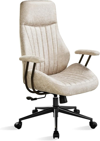 ovios Home Office Chair, Mid-Century Modern Faux Suede Leather Ergonomic Chairs, High Back Comfy Computer Swivel Rolling Task Executive Armchair, Beige