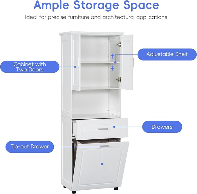 70" Tall Bathroom Storage Cabinet with Two Doors and Drawer, Open Space and Laundry Hampers for Home Display Organizer, Removable Laundry Basket, Adjustable Shelf, White
