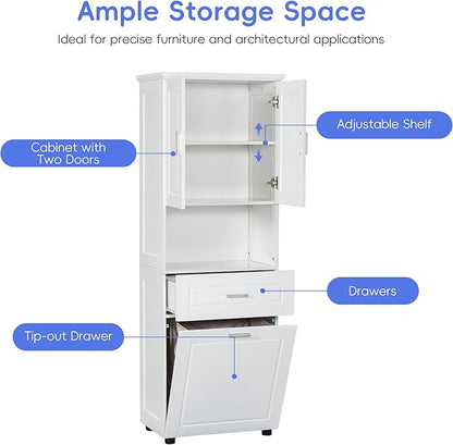 70" Tall Bathroom Storage Cabinet with Two Doors and Drawer, Open Space and Laundry Hampers for Home Display Organizer, Removable Laundry Basket, Adjustable Shelf, White