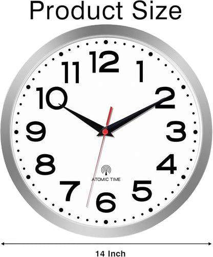 Roymnie Atomic Wall Clock 14 Inch, Modern Clock Battery Operated Classic Analog Decorative for Kitchen, Living Room, Office, Bedroom, Bathroom (Silver)