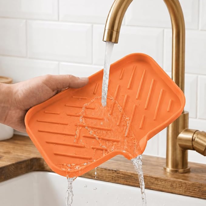 MicoYang Silicone Soap Dish with Drain Spout — Self-Draining Sink Organizer Tray for Bathroom & Kitchen, Sponges, Dispensers & Soap Holder, Non-Slip & Dishwasher Safe, Orange (Medium, 9.6"×5.3")