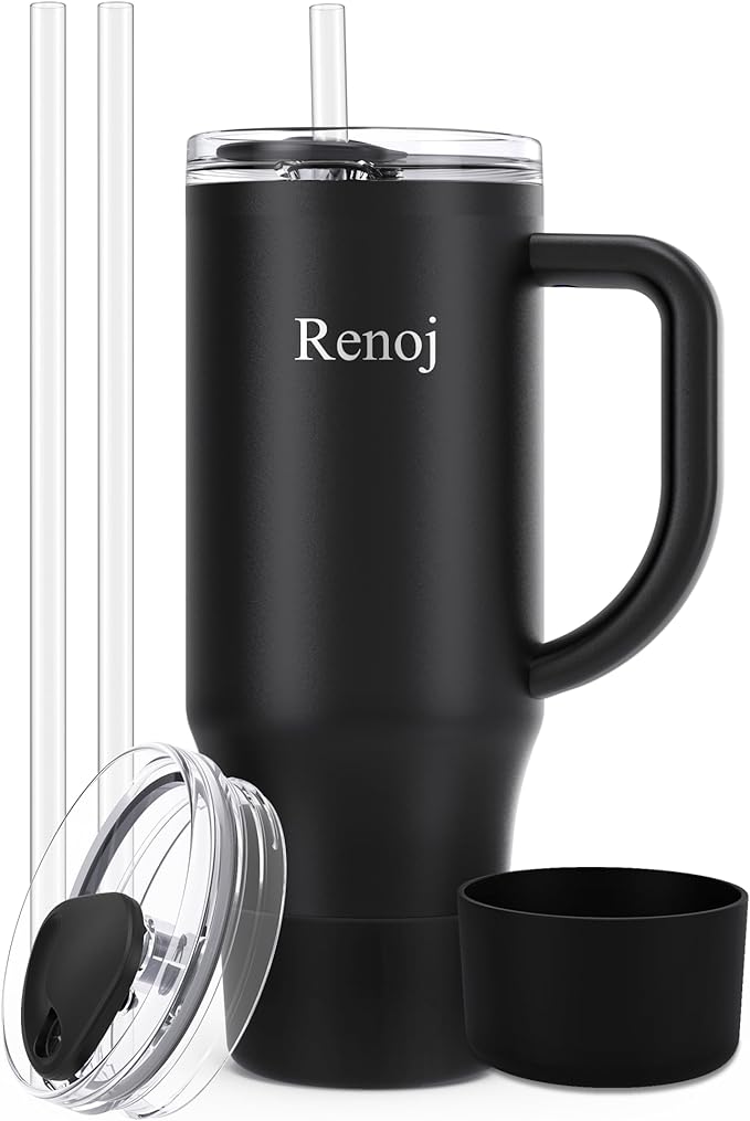 Renoj Tumbler with Handle 100% Spill Resistant Insulated Water Bottle for Iced Coffee & Hot Drinks - Fits Car Cup Holder, Ideal Gift, 2 Straws & Silicone Boot BPA-Free - FlexSlide Black 32 oz