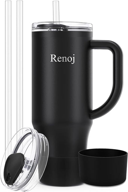 Renoj Tumbler with Handle 100% Spill Resistant Insulated Water Bottle for Iced Coffee & Hot Drinks - Fits Car Cup Holder, Ideal Gift, 2 Straws & Silicone Boot BPA-Free - FlexSlide Black 32 oz