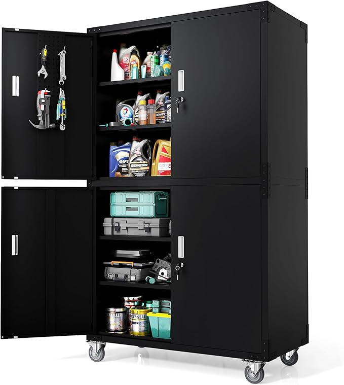 VINGLI Large Garage Storage Cabinet with 4 Doors, Upgraded Height & Wide & Deep, 43''W x 23''D x 75''H, Oversized Metal Storage Cabinet with Pegboards Wheels Locks and Adjustable Shelves (Black)