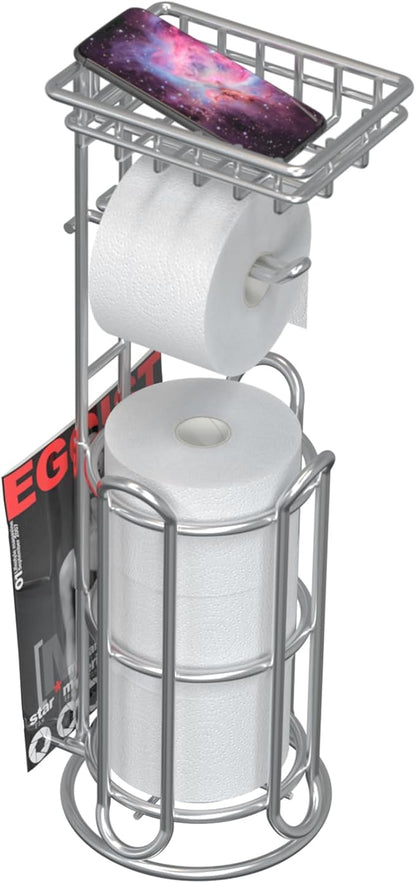 Mega Roll Toilet Paper Holder Stainless Steel Bathroom Tissue Holder Stand TP Dispenser with Phone/Wipe Shelf & Magazine Rack Free Standing-Chrome