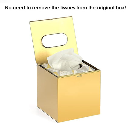 Sumnacon Tissue Box Cover Square Stainless Steel Tissue Box,Wall Mount Tissue Box Holder with Srews,Stylish Tissue Holder for Bathroom Toilet Bedroom Living Room Kitchen Table Desk Office, Gold